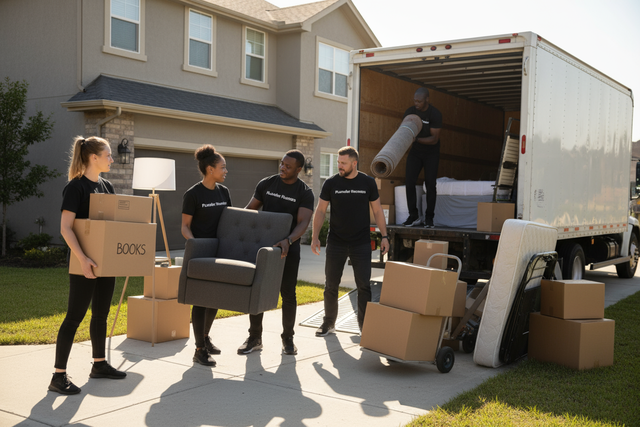 make a team of five members wearing Black T shirts that say Plunder Runners on it. I want them to be male and female. African Americans light skin and dark skin and also Caucasian people. I want them to be moving furniture and other belonging off of a white box truck and into someone's new home for them 